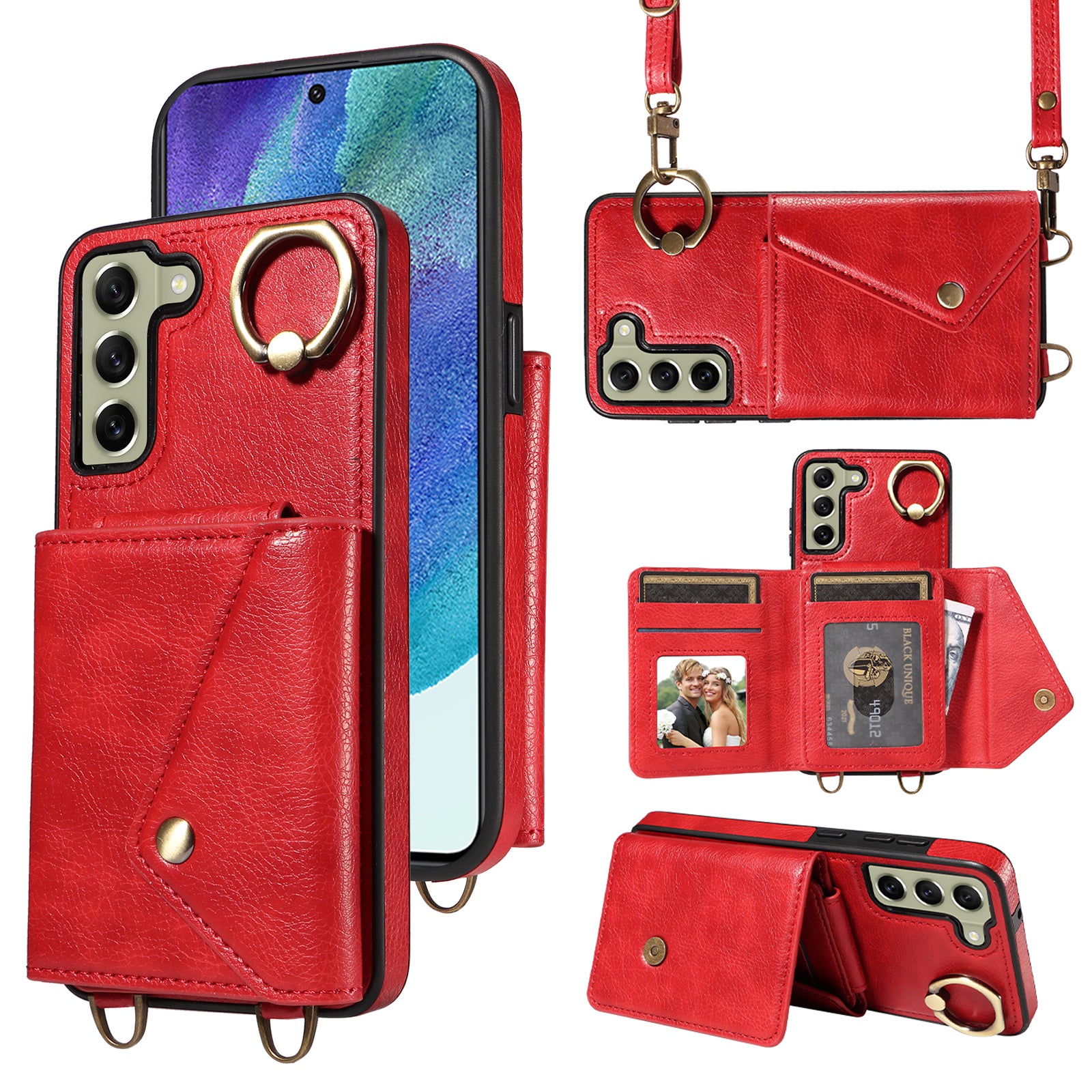 002 For Samsung Galaxy S21 FE 5G Card Bag Ring Kickstand Cover Litchi Texture Leather Coated TPU Anti-fall Phone Case with Shoulder Strap 002 For Samsung Galaxy S21 FE 5G Card Bag Ring Kickstand Cover Litchi Texture Leather Coated TPU Anti-fall Phone Case with Shoulder Strap